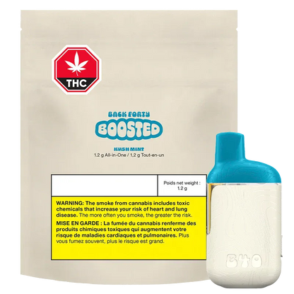 Studio-lit front view of a beige pouch and teal-topped device labeled Kush Mint BOOSTED Disposable Vape, with a yellow THC warning panel.
