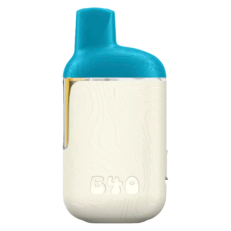 Front-facing shot of the Kush Mint BOOSTED Disposable Vape showing its cream textured body embossed with "BYO" and a bright teal mouthpiece.