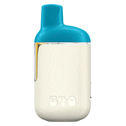 Front-facing shot of the Kush Mint BOOSTED Disposable Vape showing its cream textured body embossed with "BYO" and a bright teal mouthpiece.