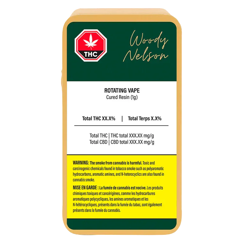 Front-facing label view of the Rotating Live Resin Vape Cartridge showing a green header with Woody Nelson script, THC symbol and yellow warning block.