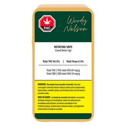 Front-facing label view of the Rotating Live Resin Vape Cartridge showing a green header with Woody Nelson script, THC symbol and yellow warning block.
