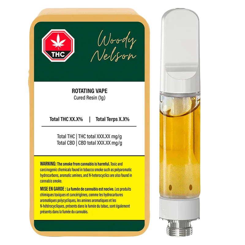 Right-side view of the Rotating Live Resin Vape Cartridge standing beside its Woody Nelson labeled 1g packaging, showing golden liquid and white mouthpiece
