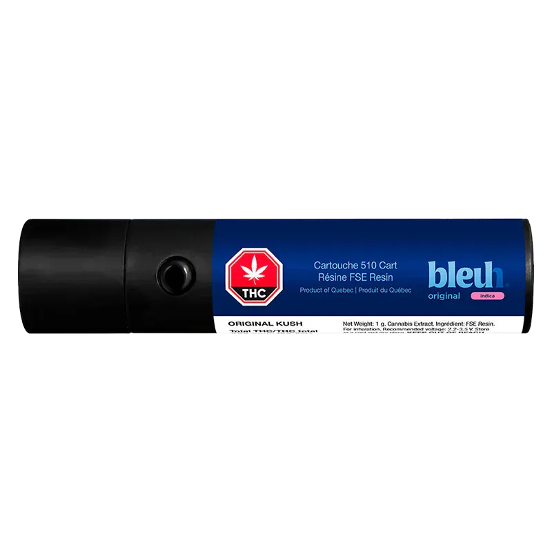 Close-up horizontal shot of the Original Kush Live Resin Vape Cartridge with blue labeled body and black mouthpiece centered on white.