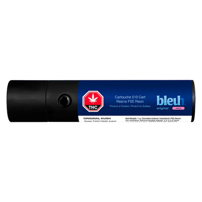 Close-up horizontal shot of the Original Kush Live Resin Vape Cartridge with blue labeled body and black mouthpiece centered on white.
