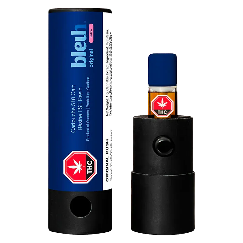 Front view of the Original Kush Live Resin Vape Cartridge showing the cartridge with blue cap inserted in a black cylindrical holder beside its blue branded tube.