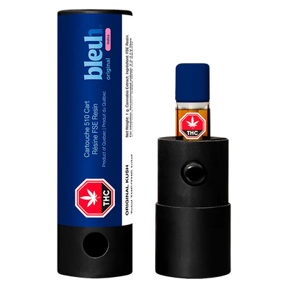 Front view of the Original Kush Live Resin Vape Cartridge showing the cartridge with blue cap inserted in a black cylindrical holder beside its blue branded tube.