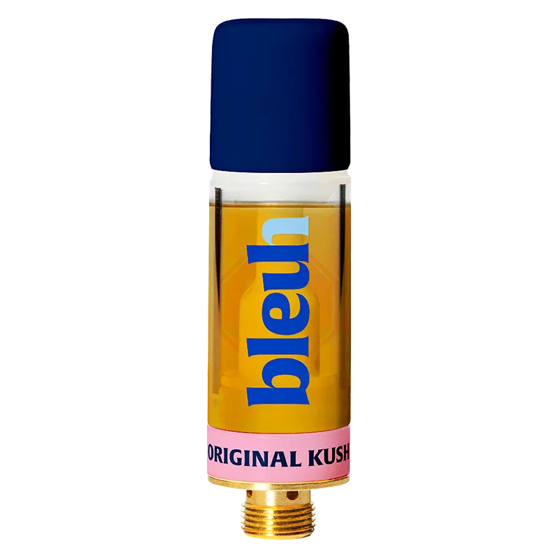 Tall, front-facing studio shot of the Original Kush Live Resin Vape Cartridge showing a clear tank of amber oil, blue cap, and pink label.