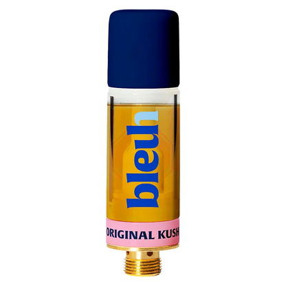 Tall, front-facing studio shot of the Original Kush Live Resin Vape Cartridge showing a clear tank of amber oil, blue cap, and pink label.