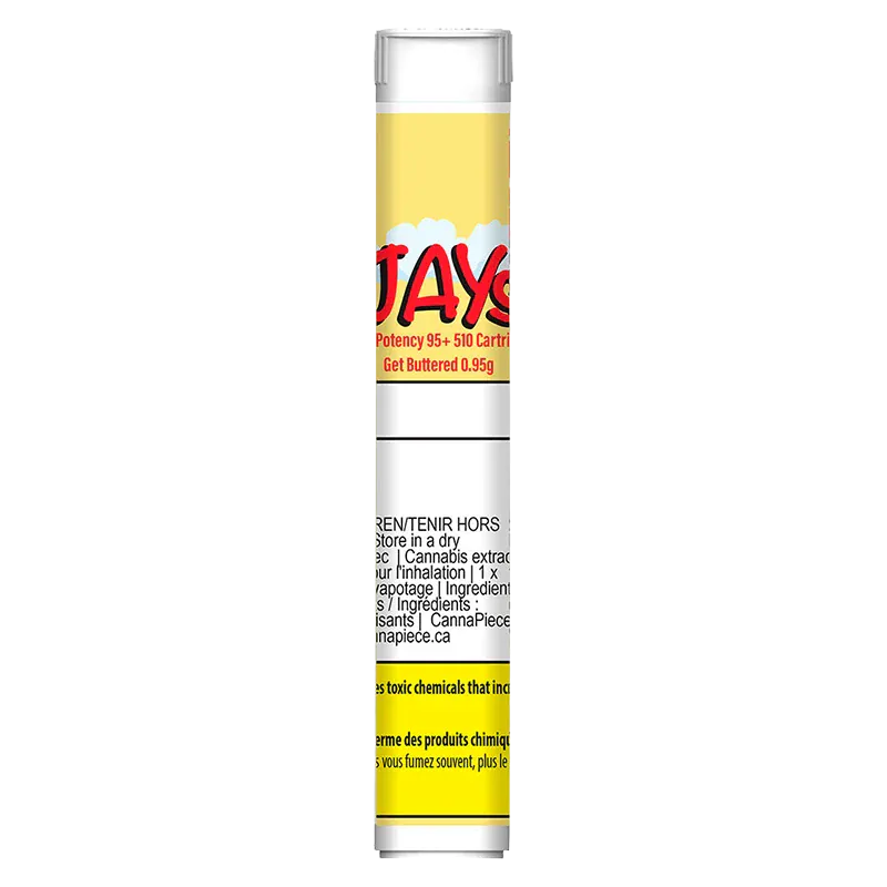 Tall front view of the Get Buttered Vape Cartridge showing its yellow label with red text and small printed warnings.