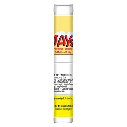 Tall front view of the Get Buttered Vape Cartridge showing its yellow label with red text and small printed warnings.