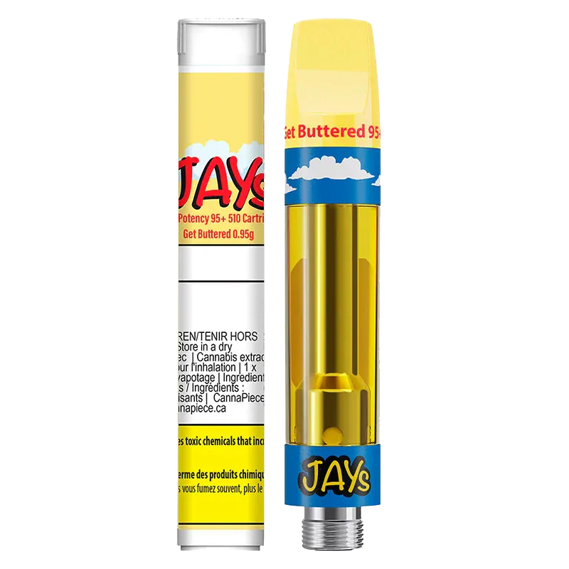 Front view of the Get Buttered Vape Cartridge showing a yellow-topped cartridge filled with golden oil beside its matching cylindrical tube.