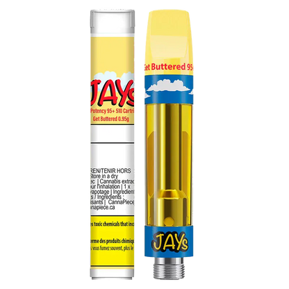 Front view of the Get Buttered Vape Cartridge showing a yellow-topped cartridge filled with golden oil beside its matching cylindrical tube.