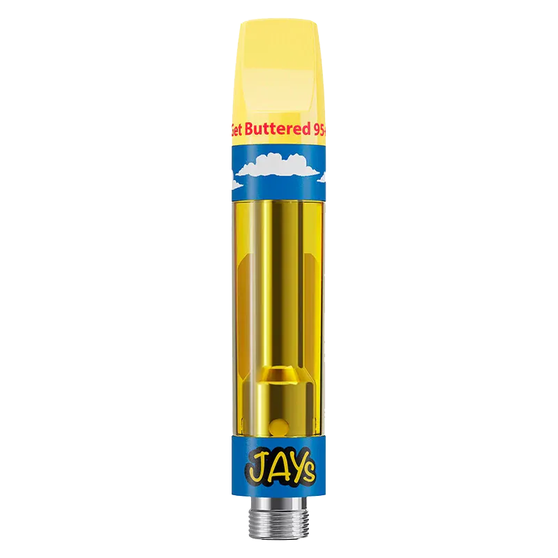 Center-aligned close-up of the Get Buttered Vape Cartridge showing its yellow mouthpiece, clear oil chamber, and blue branded base against a white background.