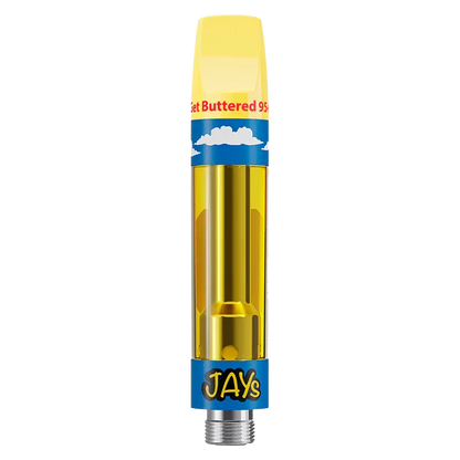 Center-aligned close-up of the Get Buttered Vape Cartridge showing its yellow mouthpiece, clear oil chamber, and blue branded base against a white background.