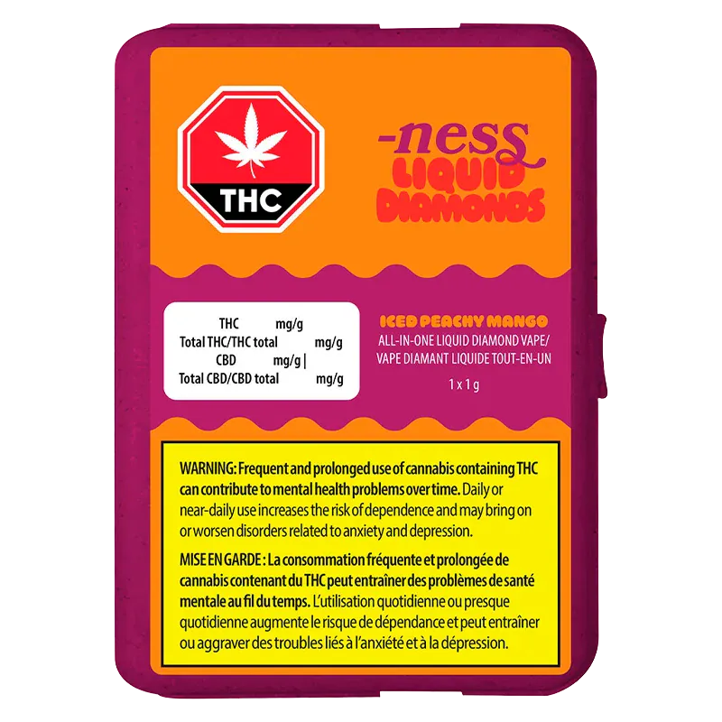 Rear view of the packaging for Iced Peachy Mango Disposable Vape showing a magenta and orange label with THC symbol and health warning.