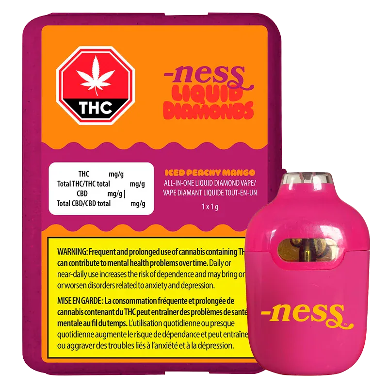 Front view of the Iced Peachy Mango Disposable Vape showing a pink pod-style device beside its orange-and-purple labeled 1 g packaging.