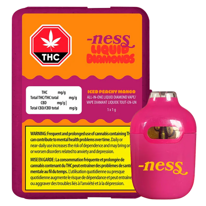 Front view of the Iced Peachy Mango Disposable Vape showing a pink pod-style device beside its orange-and-purple labeled 1 g packaging.