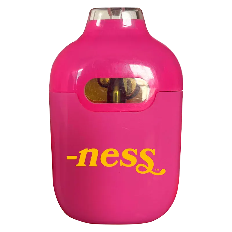 Close-up front view of a bright pink Iced Peachy Mango Disposable Vape showing its rounded top mouthpiece, small oval juice window, and yellow "-ness" logo.