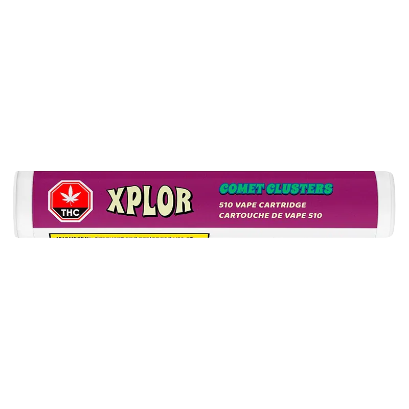 Straight-on product shot of the Comet Clusters Vape Cartridge in its purple XPLOR tube label centered on a white background.
