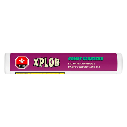 Straight-on product shot of the Comet Clusters Vape Cartridge in its purple XPLOR tube label centered on a white background.
