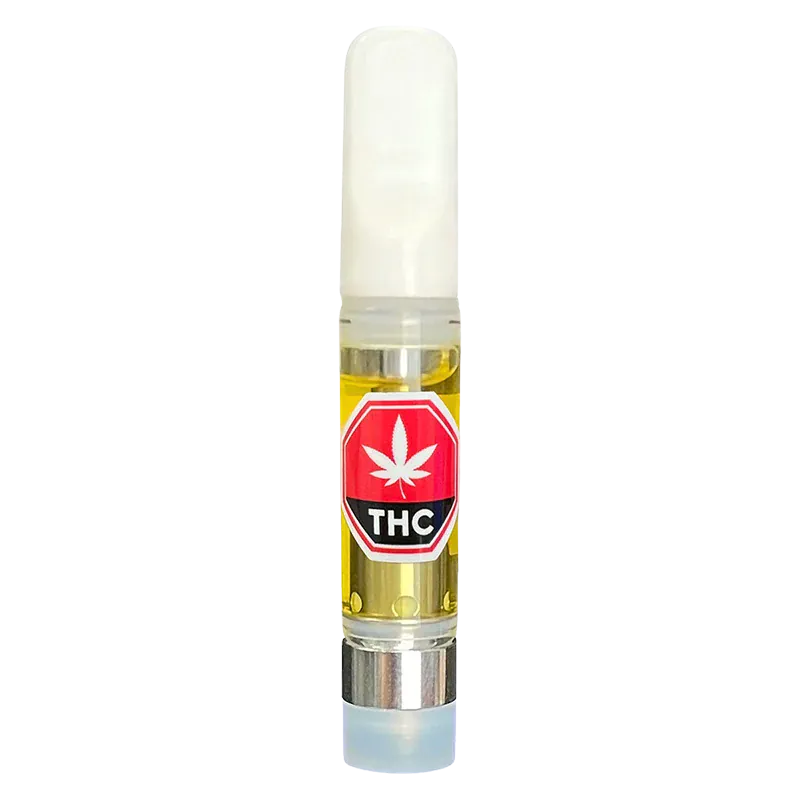 Straight-on product shot of a clear Comet Clusters Vape Cartridge filled with golden oil and a red THC label.