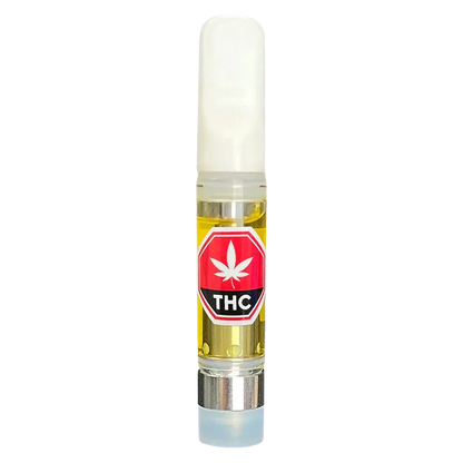 Straight-on product shot of a clear Comet Clusters Vape Cartridge filled with golden oil and a red THC label.