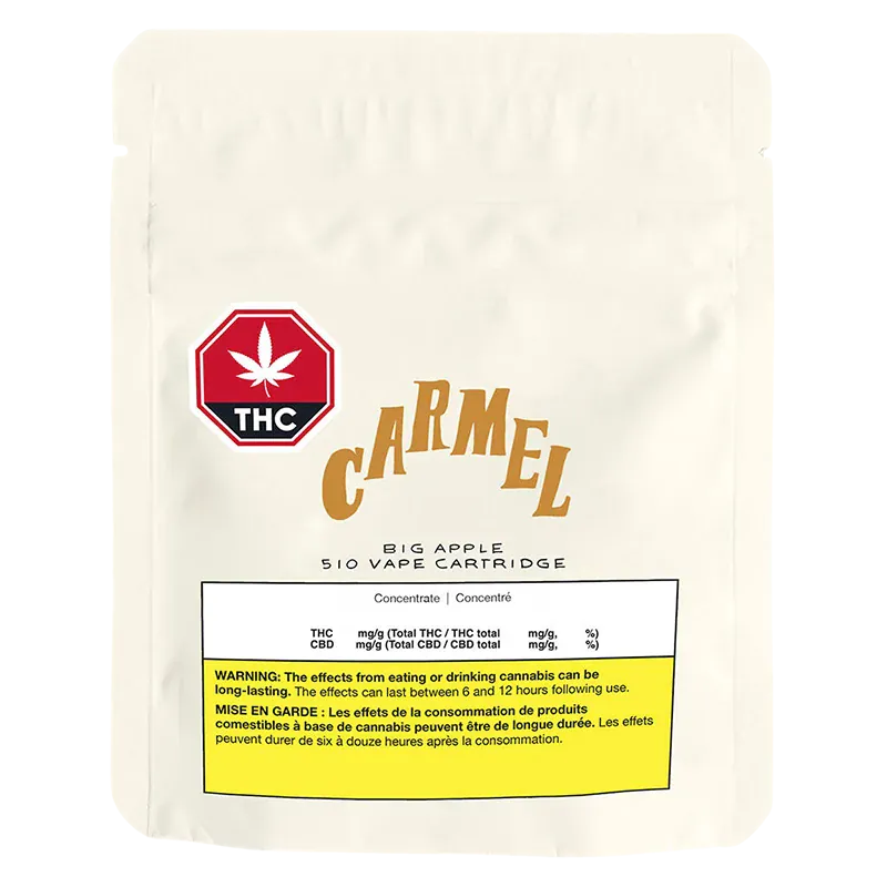 Cream-colored pouch front with a red THC stop-sign logo and "Carmel" lettering, labeled Big Apple Pure Live Resin Vape Cartridge.