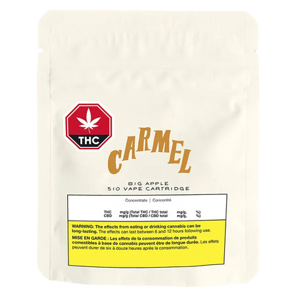 Cream-colored pouch front with a red THC stop-sign logo and "Carmel" lettering, labeled Big Apple Pure Live Resin Vape Cartridge.