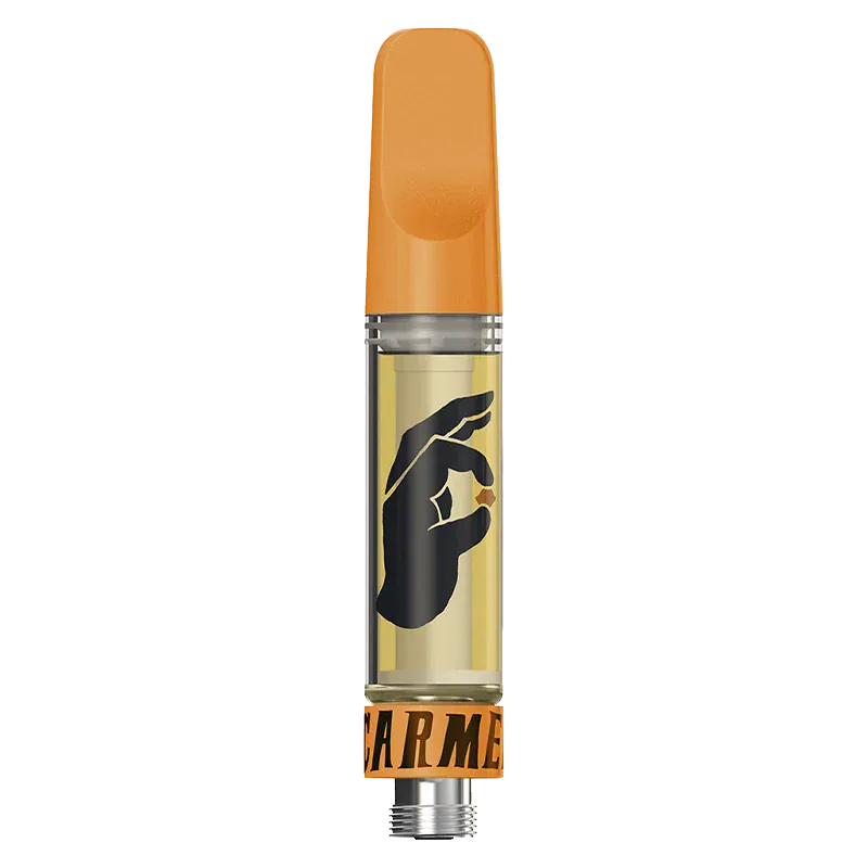 Straight-on view of the Big Apple Pure Live Resin Vape Cartridge with an orange mouthpiece and hand logo over golden oil.