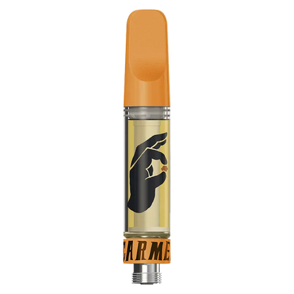 Straight-on view of the Big Apple Pure Live Resin Vape Cartridge with an orange mouthpiece and hand logo over golden oil.