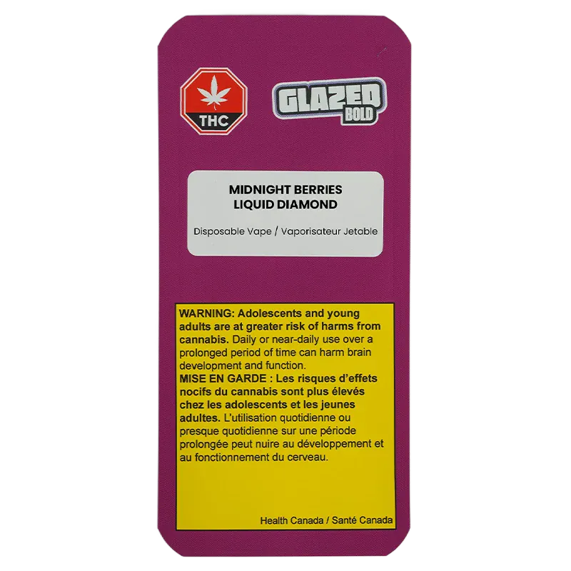 Straight-on view of the purple packaging labeled "Midnight Berries Liquid Diamond Disposable Vape" with a Glazed Bold logo and a yellow Health Canada warning panel.