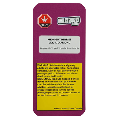 Straight-on view of the purple packaging labeled "Midnight Berries Liquid Diamond Disposable Vape" with a Glazed Bold logo and a yellow Health Canada warning panel.