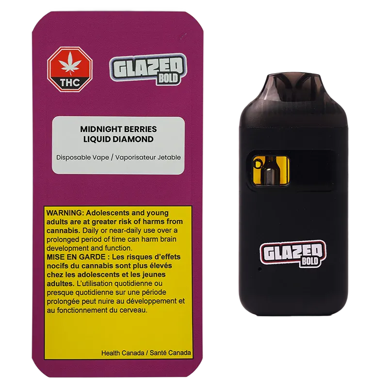 Packshot of the Midnight Berries Liquid Diamond Disposable Vape showing a magenta product box with warnings beside a black vape device with a small window and Glazed Bold logo.
