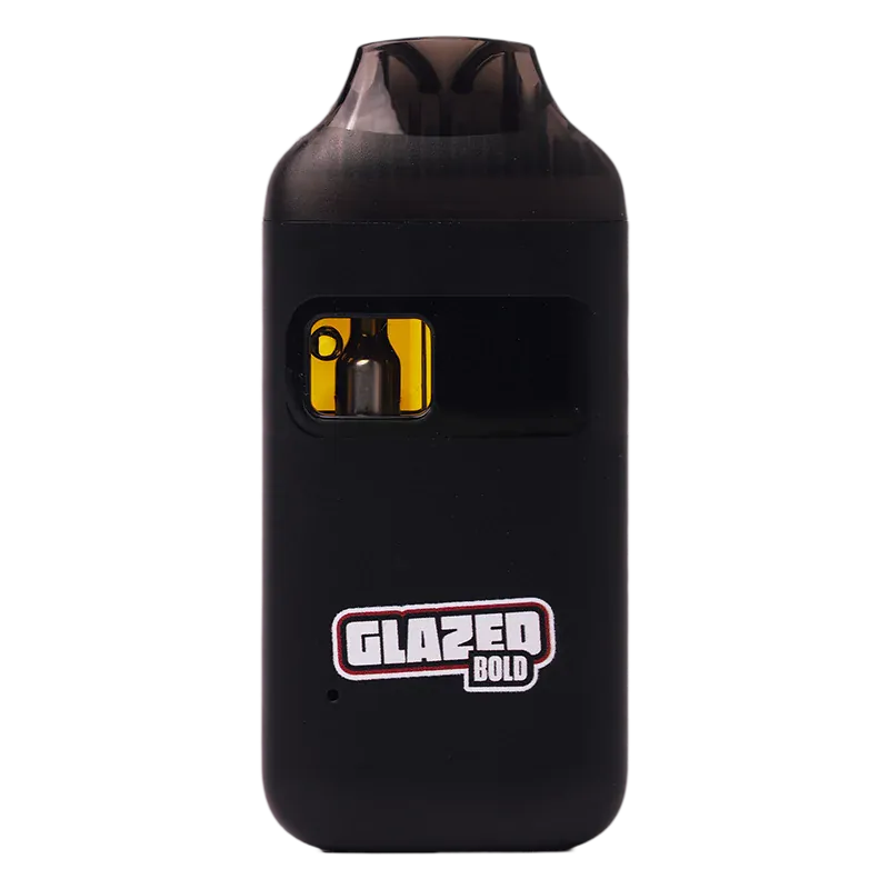 Front-facing shot of a black Midnight Berries Liquid Diamond Disposable Vape with a translucent mouthpiece, visible yellow e-liquid window, and "Glazed Bold" logo near the base.