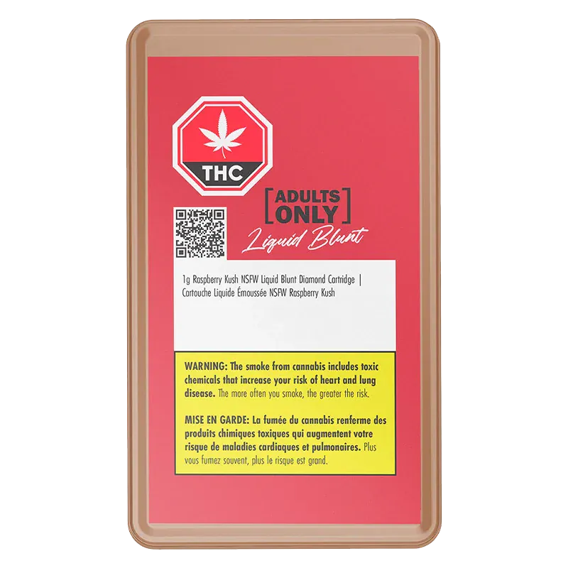 Top-down view of the Raspberry Kush NSFW Liquid Blunt Diamond Vape Cartridge retail card with a red background, THC symbol, QR code and yellow warning box.