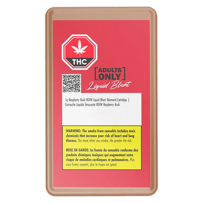 Top-down view of the Raspberry Kush NSFW Liquid Blunt Diamond Vape Cartridge retail card with a red background, THC symbol, QR code and yellow warning box.