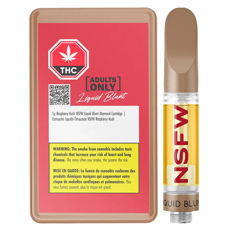 Front-on product shot of the Raspberry Kush NSFW Liquid Blunt Diamond Vape Cartridge beside its red warning-labeled tray, showing the clear gold cartridge liquid and bold NSFW text.