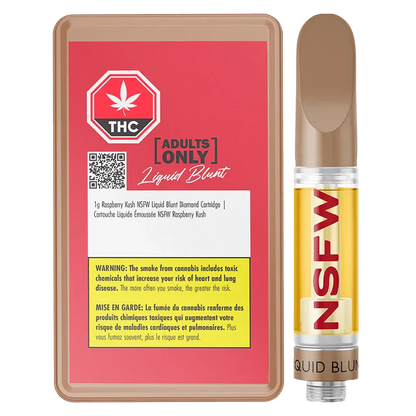 Front-on product shot of the Raspberry Kush NSFW Liquid Blunt Diamond Vape Cartridge beside its red warning-labeled tray, showing the clear gold cartridge liquid and bold NSFW text.