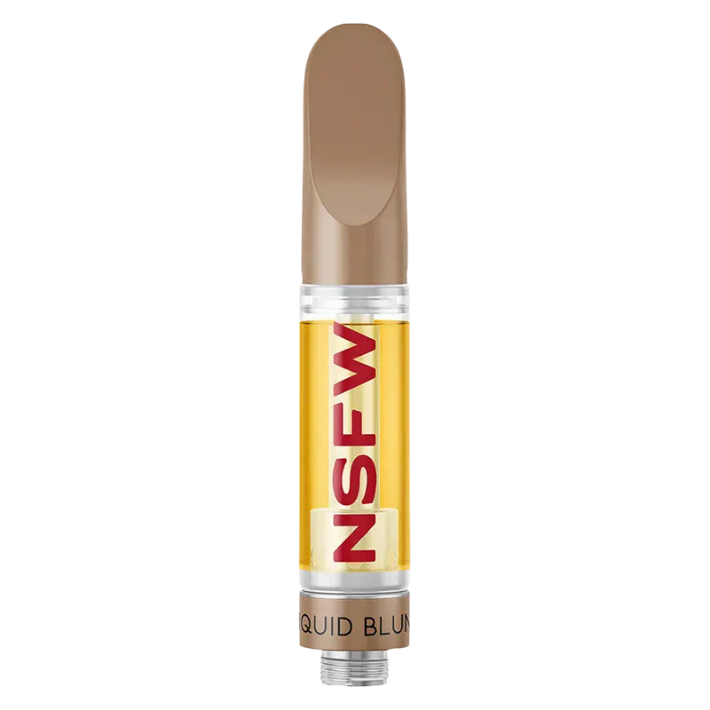 Straight-on view of a filled Raspberry Kush NSFW Liquid Blunt Diamond Vape Cartridge showing amber oil and bold red "NSFW" text.