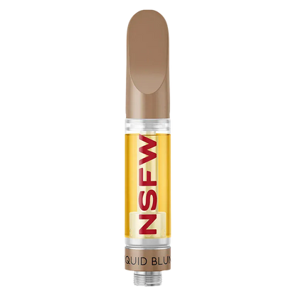 Straight-on view of a filled Raspberry Kush NSFW Liquid Blunt Diamond Vape Cartridge showing amber oil and bold red "NSFW" text.