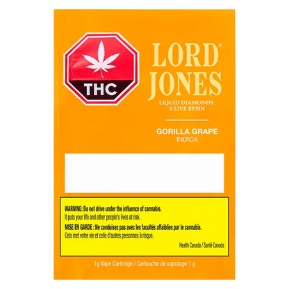 Front-facing bright orange package showing the Lord Jones Liquid Diamonds x Live Resin Vape Cartridge Gorilla Grape logo and THC warning.