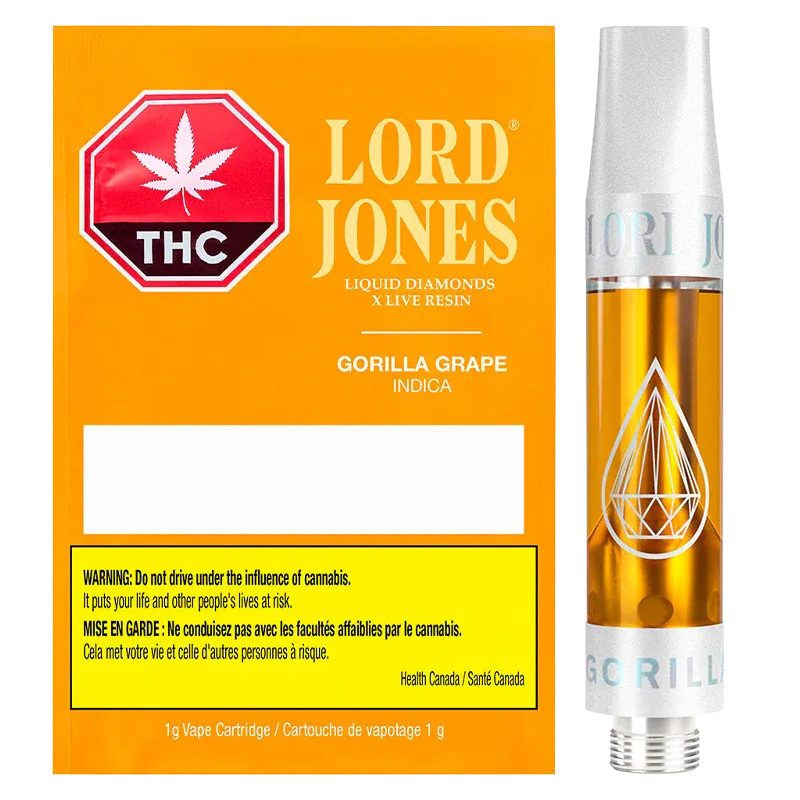 Front-facing shot of the Gorilla Grape Liquid Diamonds x Live Resin Vape Cartridge packaging and 1 g cartridge against a white background, showing the orange box art and clear amber oil in the silver-topped cartridge.
