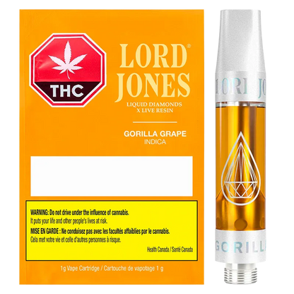 Front-facing shot of the Gorilla Grape Liquid Diamonds x Live Resin Vape Cartridge packaging and 1 g cartridge against a white background, showing the orange box art and clear amber oil in the silver-topped cartridge.