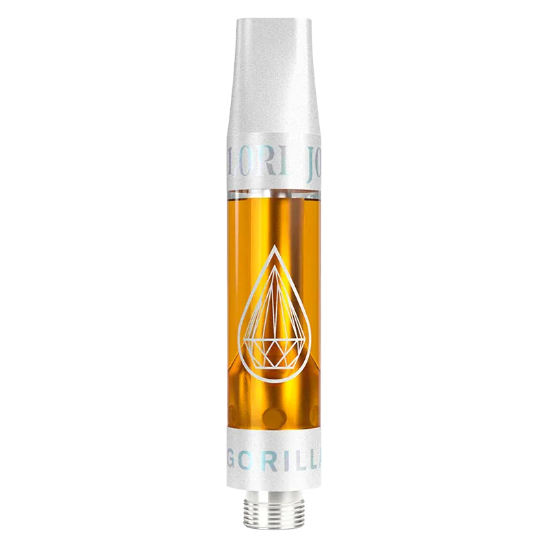 Close-up front view of a filled clear cartridge with amber oil and a white geometric droplet logo, labeled Gorilla Grape Liquid Diamonds x Live Resin Vape Cartridge.