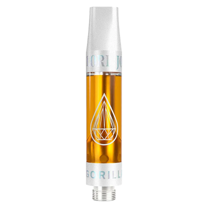 Close-up front view of a filled clear cartridge with amber oil and a white geometric droplet logo, labeled Gorilla Grape Liquid Diamonds x Live Resin Vape Cartridge.