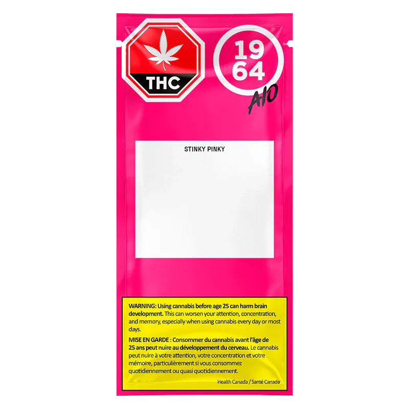 Bold front view of the bright pink Stinky Pinky FSE Resin Disposable Vape packaging with white label area and THC warning panel at bottom