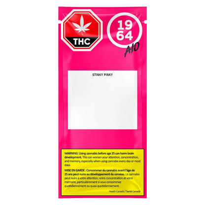 Bold front view of the bright pink Stinky Pinky FSE Resin Disposable Vape packaging with white label area and THC warning panel at bottom