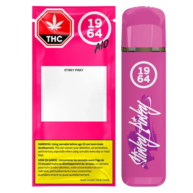 Front-facing image of a hot pink Stinky Pinky FSE Resin Disposable Vape and its matching pouch, side-by-side on a white background.