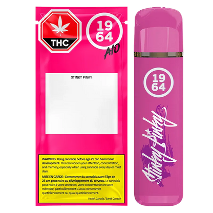 Front-facing image of a hot pink Stinky Pinky FSE Resin Disposable Vape and its matching pouch, side-by-side on a white background.