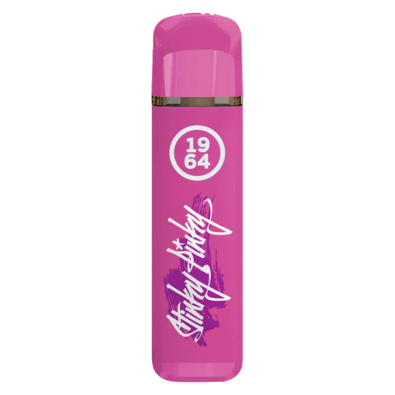 Straight-on view of a hot-pink Stinky Pinky FSE Resin Disposable Vape with white "1964" badge and stylized script on a plain white background